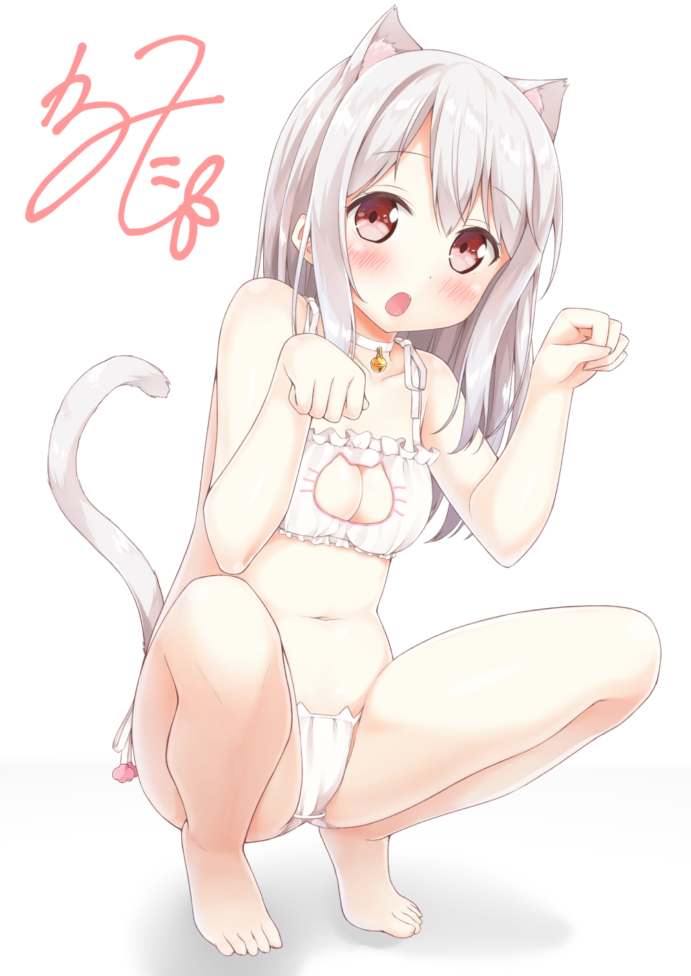 animal_ears artist_name barefoot bell bell_choker blush breasts cat_cutout cat_ear_panties cat_ears cat_lingerie cat_tail choker cleavage cleavage_cutout fang feet full_body highres jingle_bell karutamo long_hair looking_at_viewer meme_attire navel open_mouth original panties paw_pose pink_eyes side-tie_panties signature silver_hair simple_background small_breasts solo squatting tail tiptoes tisshu_(karutamo) toes underwear underwear_only white_background white_panties