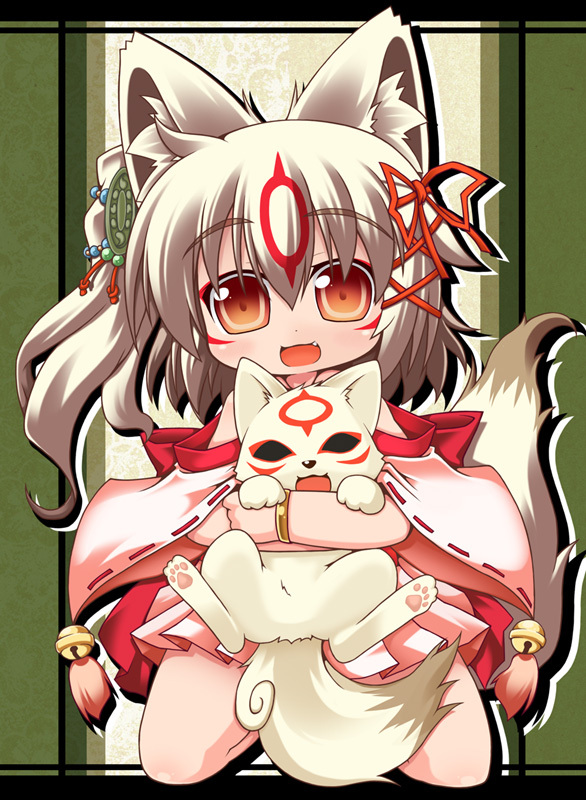 amaterasu animal animal_ears brown_eyes chibi chibiterasu facial_mark fang hair_ornament japanese_clothes kimono kuroneko_liger off_shoulder ookami_(game) side_ponytail smile tail white_hair wolf wolf_ears wolf_tail