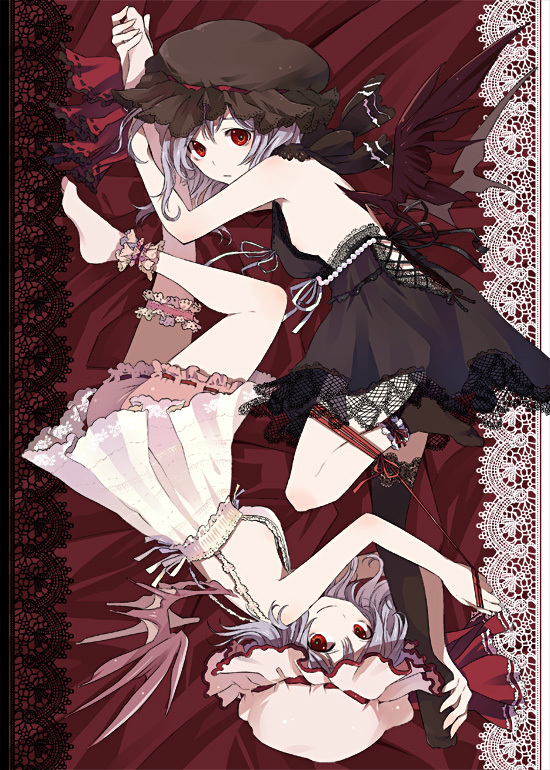 alternate_costume ankle_garter bare_back barefoot bat_wings black_vs_white bloomers breasts dual_persona feet from_above garters gothic_lolita hat holding_another's_foot kintaro lace leg_garter leg_ribbon legs lingerie lolita_fashion looking_at_viewer medium_breasts multiple_girls purple_hair red_eyes remilia_scarlet ribbon rotational_symmetry short_hair sideboob smile strap_gap touhou underwear wings
