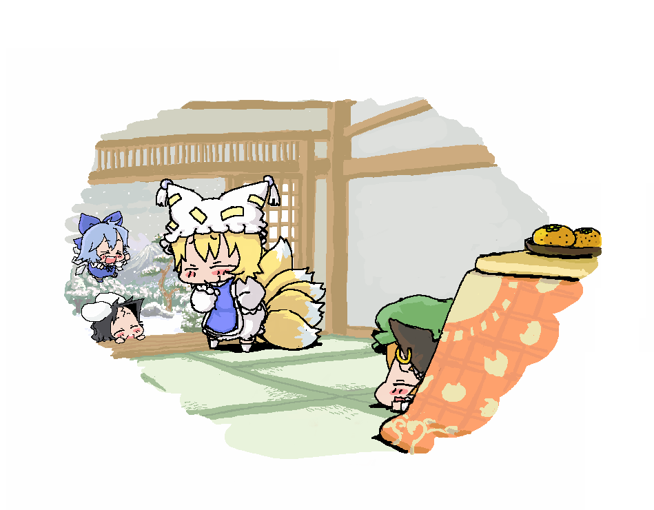 &gt;_&lt; :d ^_^ animal_ears baku_taso bangs black_hair blonde_hair blue_bow blue_hair blush bow brown_hair bunny_ears cat_ears chen chibi cirno closed_eyes dress earrings eyebrows_visible_through_hair flying fox_tail frills grey_sky hair_bow hat ice ice_wings inaba_tewi indoors jewelry kotatsu lying mob_cap mountain multiple_girls multiple_tails on_floor on_stomach open_mouth pillow_hat sky sliding_doors smile snow snowing standing tabard table tail tassel tatami touhou tree wings winter wooden_floor yakumo_ran