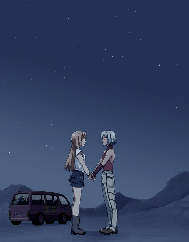428 ahoge androgynous bare_shoulders blonde_hair blush boots brown_eyes canaan canaan_(character) eye_contact ground_vehicle holding_hands jewelry long_hair looking_at_another mori_(unknown.) motor_vehicle multiple_girls night oosawa_maria red_eyes reverse_trap short_hair sky sleeveless sleeveless_turtleneck turtleneck van white_hair