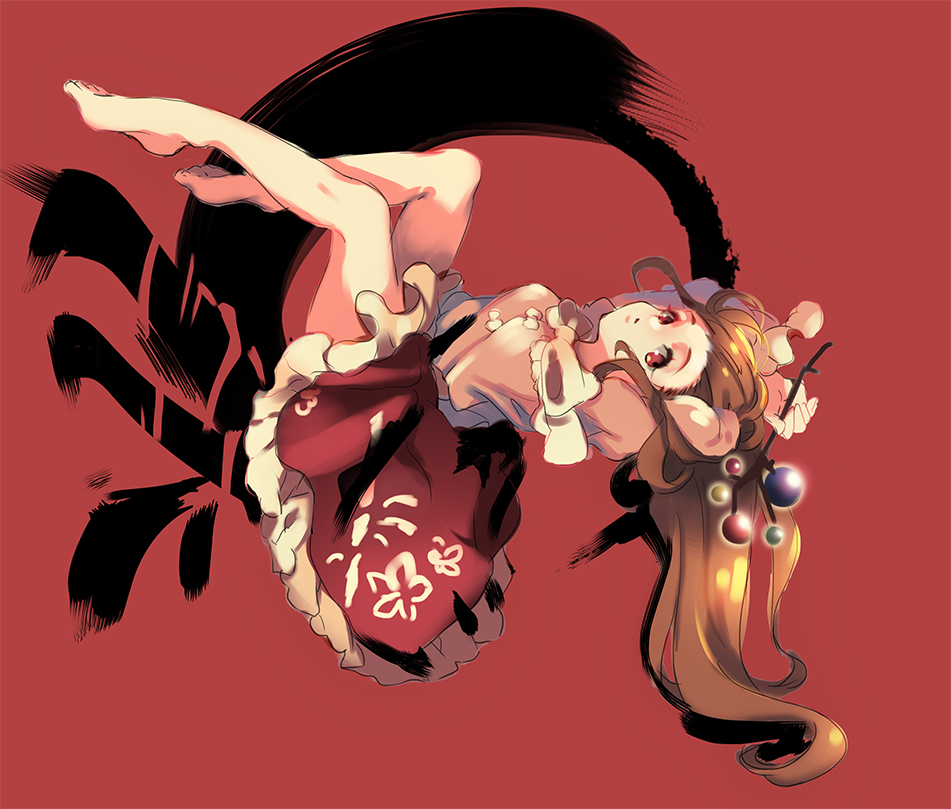 bad_id bad_pixiv_id bare_legs branch brown_eyes brown_hair cheong_ha houraisan_kaguya japanese_clothes jeweled_branch_of_hourai looking_at_viewer open_mouth solo touhou upside-down