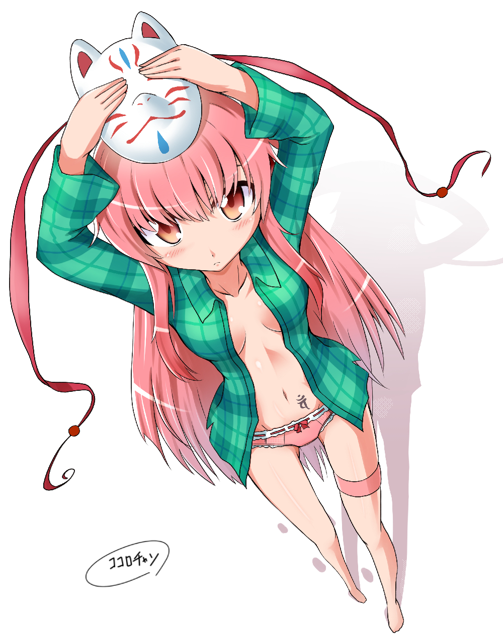 arms_up barefoot blush bow bow_panties closed_mouth commentary_request expressionless face_mask foreshortening fox_mask from_above full_body hata_no_kokoro highres jacket long_hair long_sleeves looking_at_viewer mask mask_on_head navel no_bra open_clothes open_jacket open_shirt panties pink_eyes pink_hair plaid sanagi_(diohazard) shadow shirt simple_background skirt solo standing string thigh_strap touhou underwear very_long_hair white_background