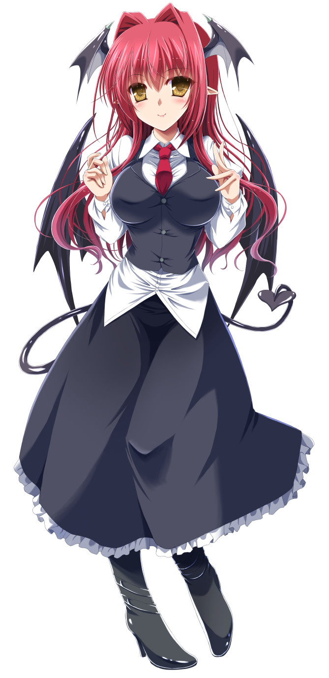 alternate_eye_color bat_wings between_breasts black_legwear blush breasts collared_shirt demon_girl demon_tail demon_wings dress_shirt frills full_body hair_intakes head_wings high_heels highres koakuma large_breasts long_hair looking_at_viewer necktie necktie_between_breasts red_hair red_neckwear shirt simple_background skirt skirt_set smile solo tail touhou untucked untucked_shirt white_background white_shirt wings yamu_(reverse_noise) yellow_eyes