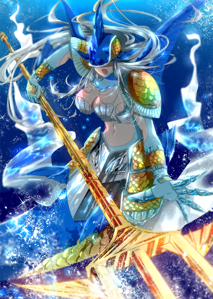 ancientmermaimon armor breasts cleavage digimon helmet large_breasts long_hair mermaid monster_girl polearm scales silver_hair solo trident weapon winni