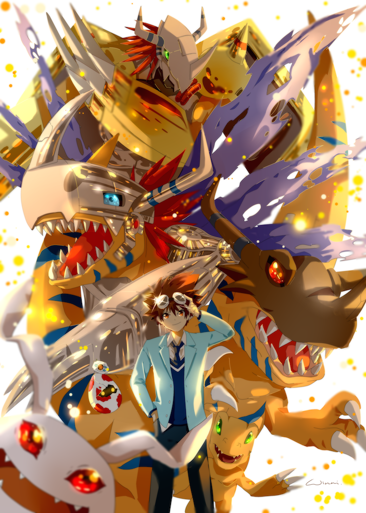 agumon armor blue_eyes botamon brown_eyes brown_hair claws digimon digimon_adventure digimon_adventure_tri. digivice egg goggles green_eyes greymon koromon metalgreymon red_eyes school_uniform short_hair smile tsukishima_general_high_school_uniform wargreymon wings winni yagami_taichi