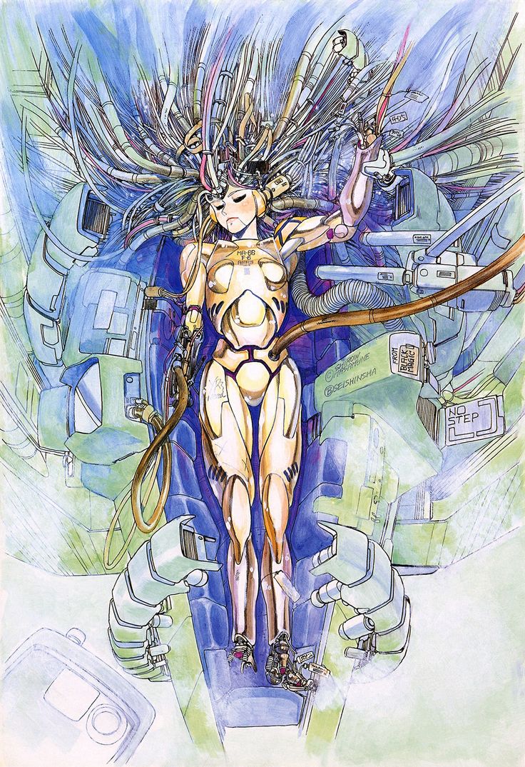 android artist_name black_magic_m-66 cable copyright_name doll_joints m-66 mecha oldschool parts_exposed robot_joints shirou_masamune solo traditional_media