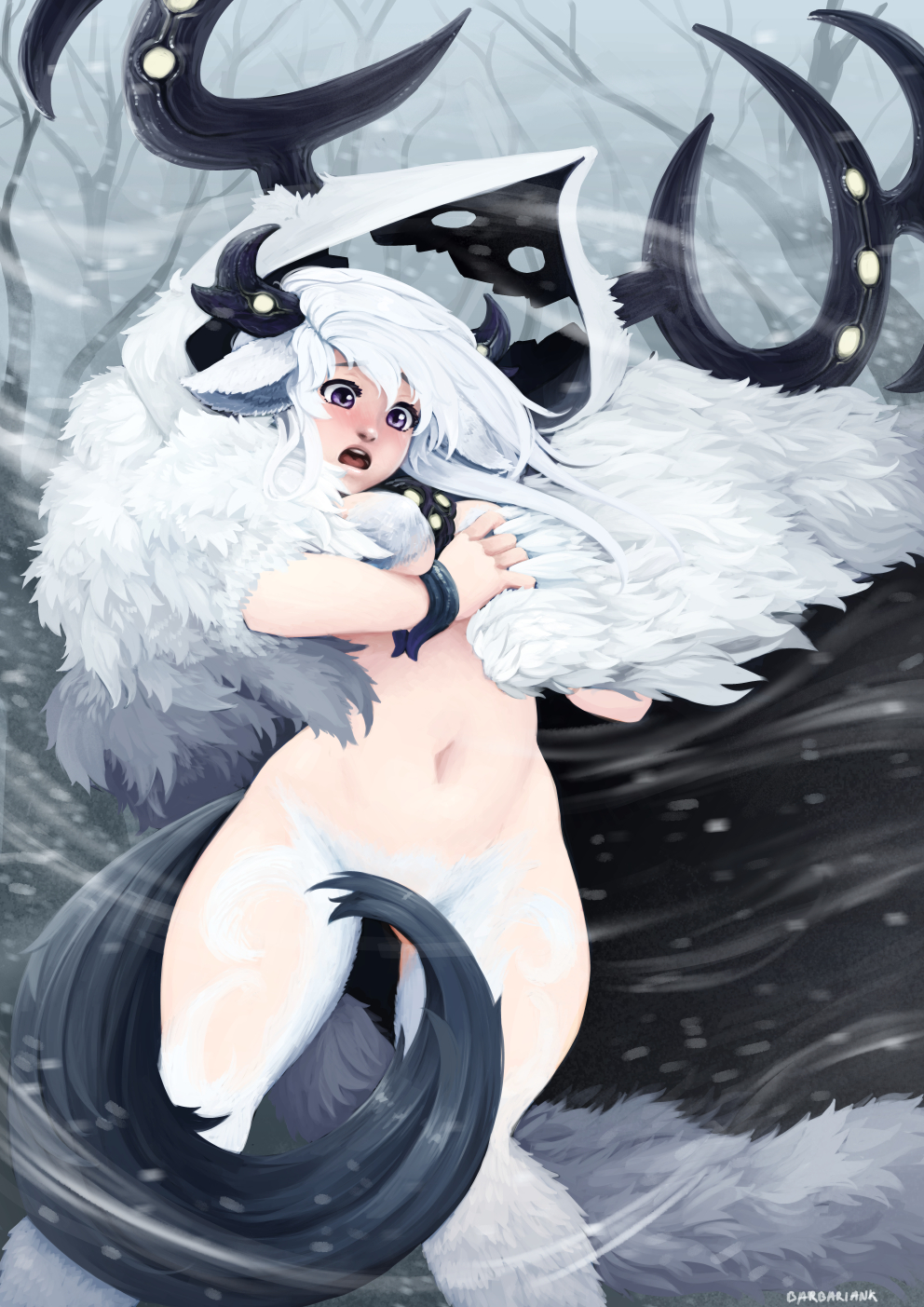 animal_ears artist_name barbariank bare_tree blizzard blush breasts cape convenient_censoring d: fur highres horns medium_breasts monster_girl monster_girl_encyclopedia naked_cape navel nude open_mouth purple_eyes signature snow solo surprised tail tail_censor tree wendigo_(monster_girl_encyclopedia) white_hair wind