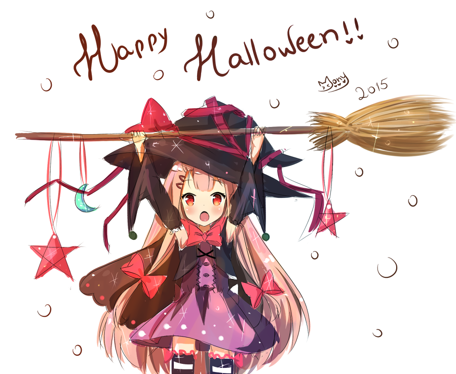 :o arms_up black_hat bow broom child dress hair_ribbon halloween hat long_hair mony open_mouth original pink_hair purple_dress red_eyes ribbon solo white_background witch_hat