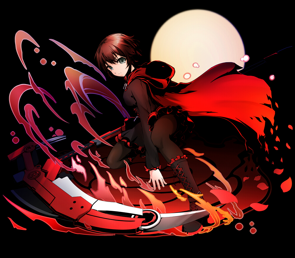 1girl fire lancefate moon rose_petals ruby_rose rwby scythe solo