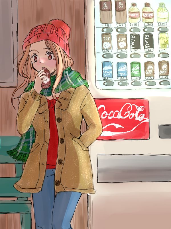 1girl brown_eyes brown_hair coca-cola digimon digimon_adventure_tri. drink drinking jacket long_hair scarf solo tachikawa_mimi winter