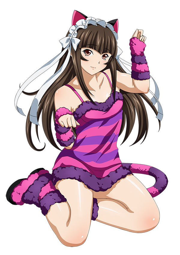 brown_eyes brown_hair cat_tail cheshire_cat cheshire_cat_(cosplay) collarbone cosplay detached_sleeves ikkitousen long_hair looking_at_viewer maid_headdress multicolored multicolored_tail shiny shiny_skin simple_background sitting solo striped striped_legwear tail ten'i_(ikkitousen) white_background