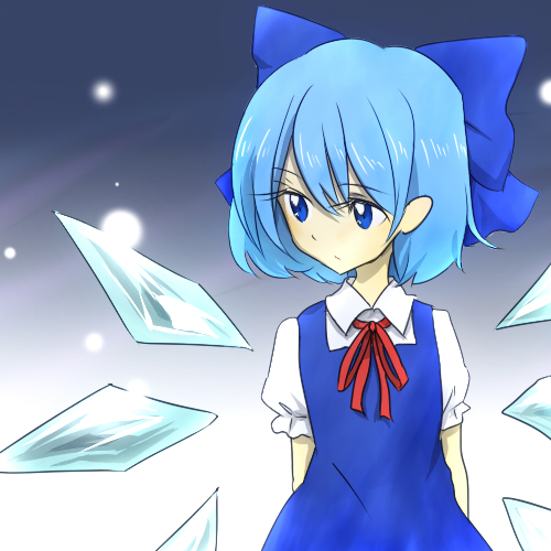 blue_eyes blue_hair bow cirno hair_ribbon hiseki_(tknkkm) ribbon short_hair touhou