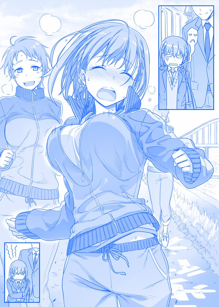 blank_eyes blue blush bouncing_breasts braid breasts clenched_teeth closed_eyes comic commentary_request formal getsuyoubi_no_tawawa giving_up_the_ghost ground_vehicle heavy_breathing himura_kiseki inconvenient_breasts jacket large_breasts monochrome open_mouth pale_eye pants running school_uniform short_hair silent_comic smile suit sweat tears teeth track_jacket track_pants track_suit train_interior volley-bu-chan_(tawawa)