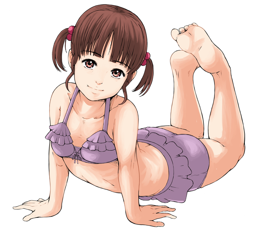 1girl arched_back arm_support barefoot brown_eyes brown_hair child feet full_body light_smile loli looking_at_viewer monochrome on_floor purple_swimsuit short_twintails simple_background soles solo swimsuit takei_shikin toes twintails white_background