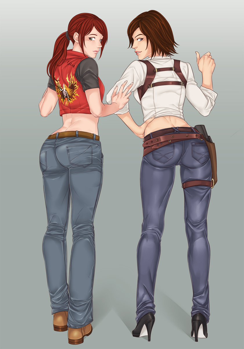 ass back belt boots brown_hair claire_redfield crossover denim from_behind high_heel_boots high_heels jeans julie_kidman linart looking_at_viewer looking_back midriff multiple_girls pants resident_evil the_evil_within