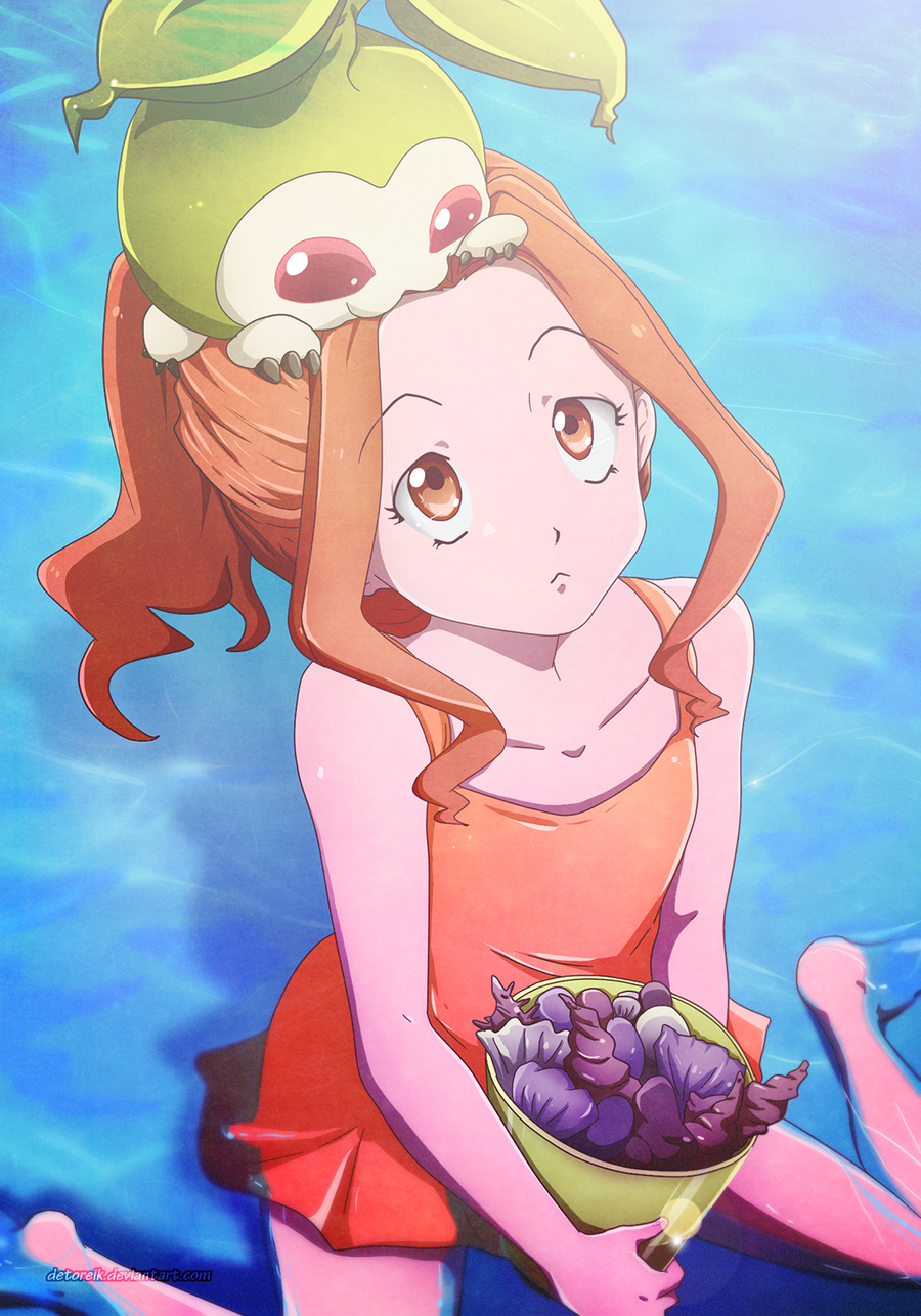 1girl brown_eyes brown_hair digimon digimon_adventure long_hair ocean one-piece_swimsuit opened_eyes ponytail sea shells sitting small_breast small_breasts swimsuit tachikawa_mimi tanemon water