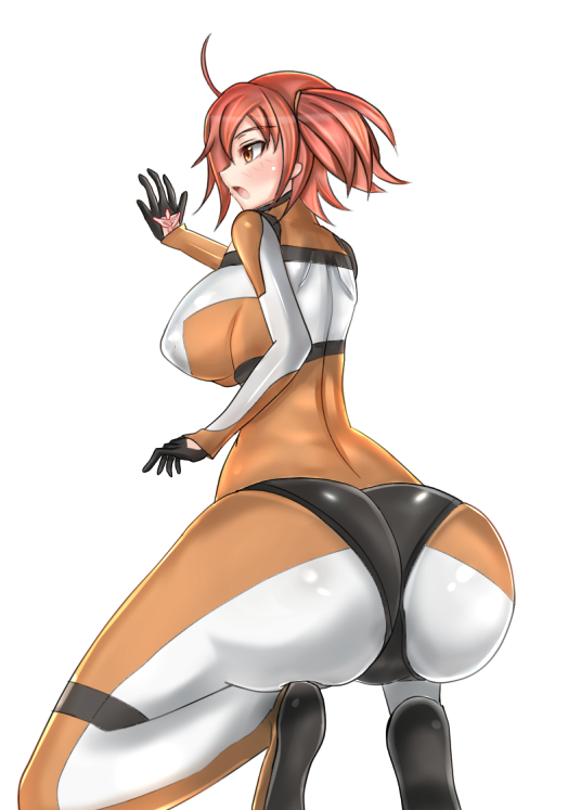 ahoge ass blush bodysuit breasts command_spell dokuusagi fate/grand_order fate_(series) female_protagonist_(fate/grand_order) from_behind huge_ass huge_breasts open_mouth orange_eyes red_hair scrunchie shiny shiny_clothes shiny_hair short_hair side_ponytail simple_background solo white_background