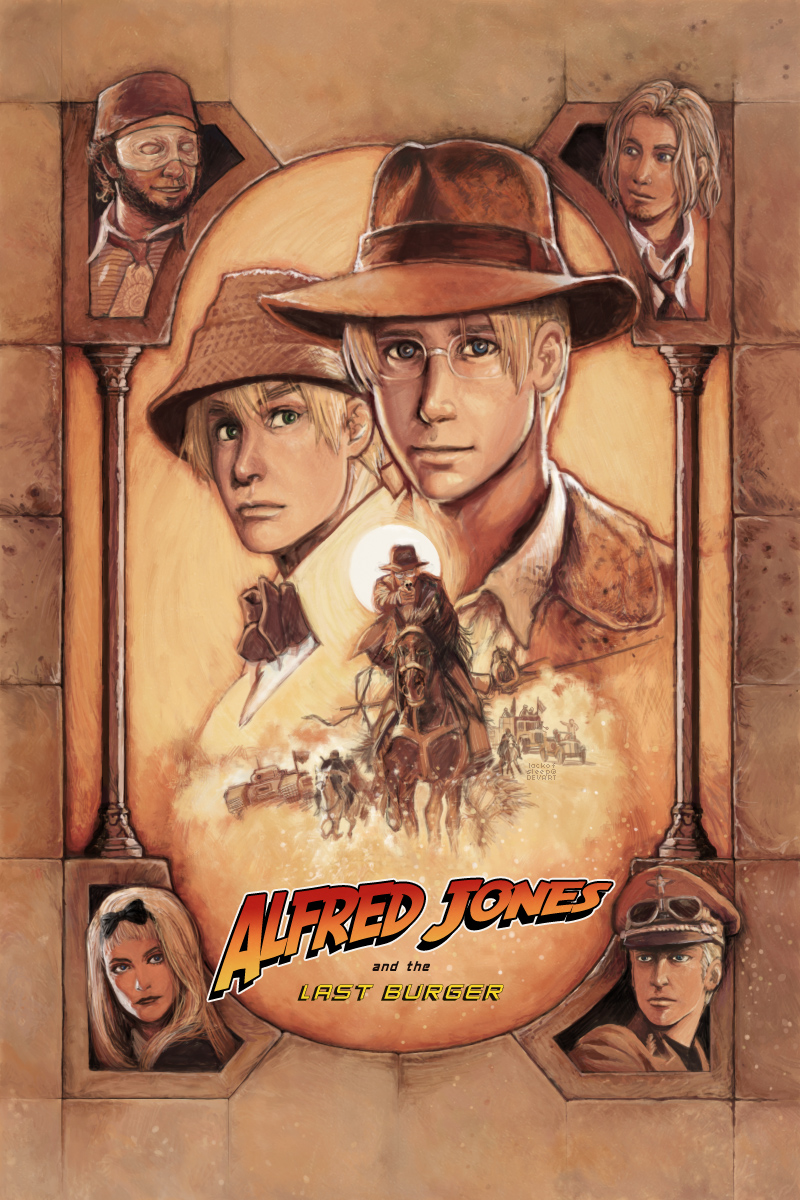 6+boys america_(hetalia) axis_powers_hetalia belarus_(hetalia) blonde_hair blue_eyes crossover english fedora france_(hetalia) germany_(hetalia) glasses hat highres horse indiana_jones indiana_jones_and_the_last_crusade movie_poster multiple_boys parody piratelicker poster sepia turkey_(hetalia) united_kingdom_(hetalia)