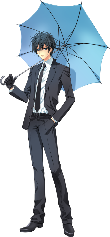 black_hair blue_eyes carnelian formal fujita_kojirou full_body gloves hand_in_pocket male_focus para-sol solo suit transparent_background umbrella