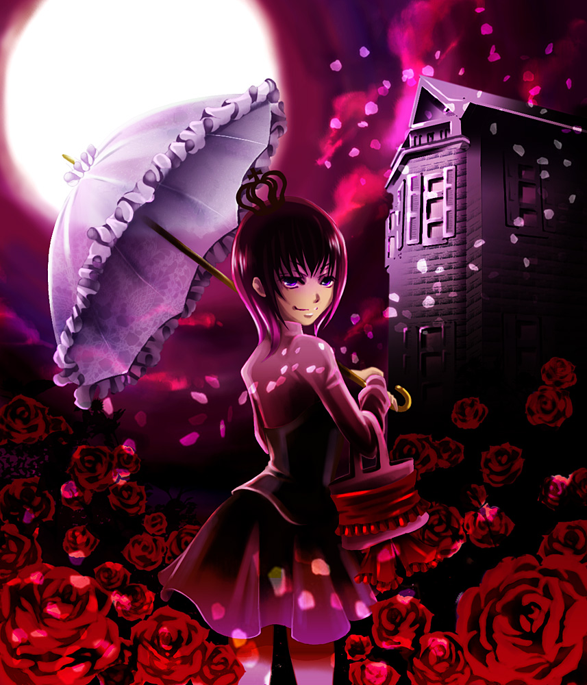 bad_id bad_pixiv_id dress flower moon rose rouge_(artist) solo umbrella umineko_no_naku_koro_ni ushiromiya_maria