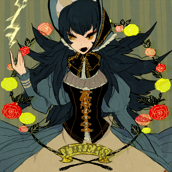 bad_id bad_pixiv_id blue_hair bonnet bow breasts cleavage corset dress electricity fangs flower gen_4_pokemon l_hakase long_hair long_sleeves luxray medium_breasts personification pink_flower pink_rose pokemon red_flower red_rose rose solo spiked_hair yellow_eyes yellow_flower yellow_rose