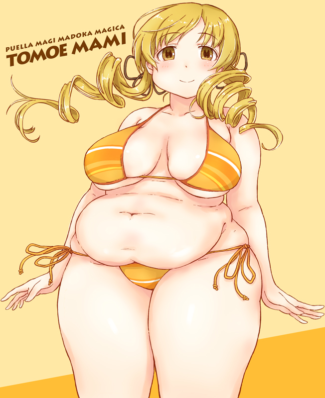1girl belly blonde_hair blush breasts drill_hair fat female large_breasts long_hair looking_at_viewer mahou_shoujo_madoka_magica navel plump smile solo standing swimsuit takagi_hideaki takaginch thick_thighs tomoe_mami twin_drills wide_hips yellow_eyes