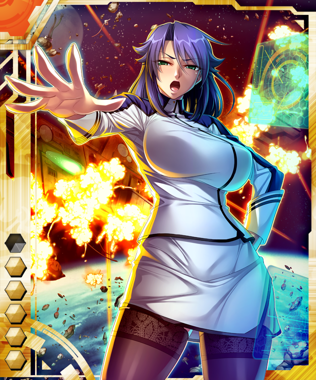 1girl blush breasts card_(medium) destruction explosion female fire garter_belt green_eyes kagami_hirotaka kangoku_senkan large_breasts lieri_bishop lilith-soft purple_hair skirt tagme taimanin_asagi_battle_arena uniform