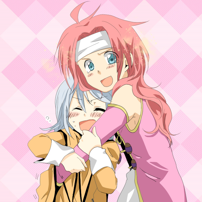 1boy 1girl bare_shoulders blue_eyes blush capelet coat elbow_gloves eyes_closed gloves headband long_hair open_mouth pants red_hair refill_sage short_hair silver_hair tales_of_(series) tales_of_symphonia zelos_wilder