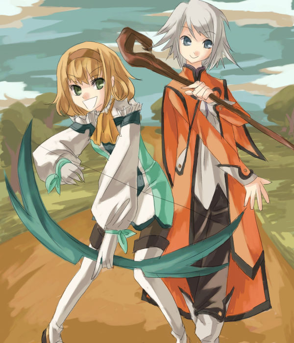 2girls blue_eyes boots bow_(weapon) breasts brown_hair capelet coat cravat frills green_eyes grey_hair hairband multiple_girls natalia_luzu_kimlasca_lanvaldear open_mouth pants pantyhose refill_sage shoes short_hair staff tales_of_(series) tales_of_symphonia tales_of_the_abyss thigh_boots weapon