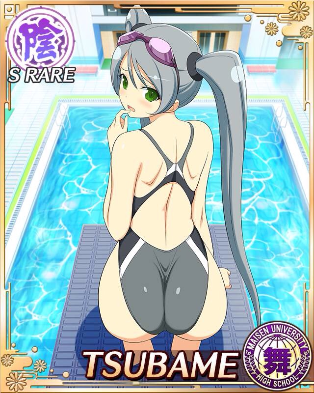 1girl ass back bare_back bare_shoulders blush card character_name competition_swimsuit diving_board emblem from_behind goggles goggles_on_head green_eyes long_hair looking_at_viewer looking_back one-piece_swimsuit one_piece_swimsuit senran_kagura senran_kagura_(series) senran_kagura_new_wave shiny shiny_clothes shiny_hair shiny_skin silver_hair solo swimsuit tsubame_(senran_kagura) twintails yaegashi_nan