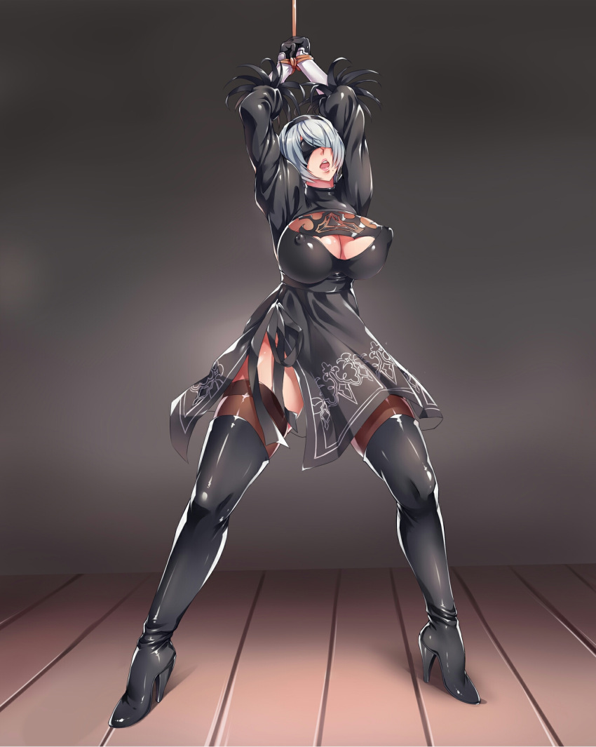 bdsm bondage bound breasts cleavage female large_breasts nier_(series) restrained shinkaui solo thighhighs yorha_no._2_type_b