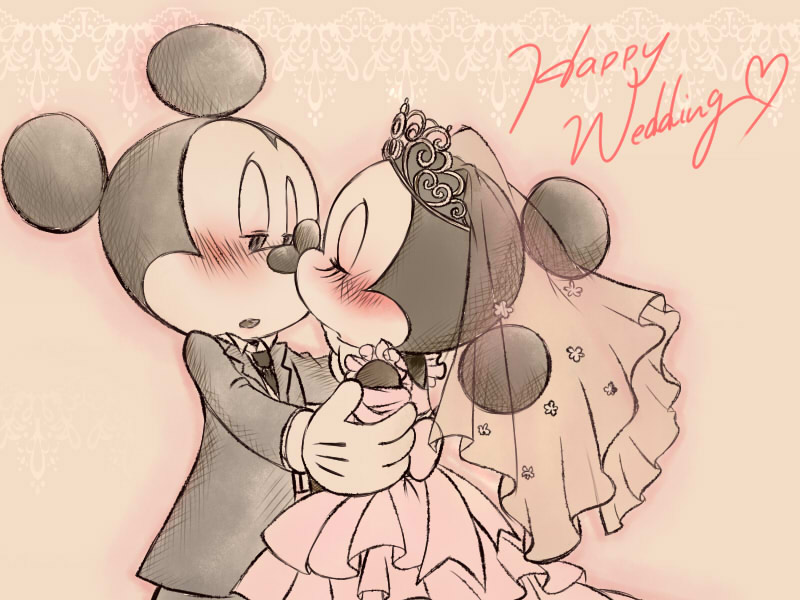 blush chico110 disney kiss looking_at_another mickey_mouse minnie_mouse mouse pink_background standing wedding wedding_band wedding_dress