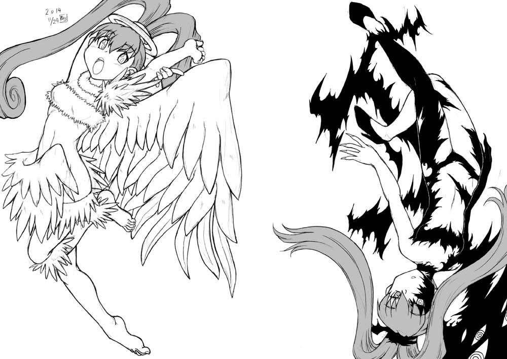 1girl amano_nene angel_wings barefoot breasts censored convenient_censoring darkness digimon digimon_xros_wars dual_persona female flying gamonkoubou long_hair looking_at_viewer luminamon monochrome nipples nude official_art shademon shademon(nene) small_breasts smile wings