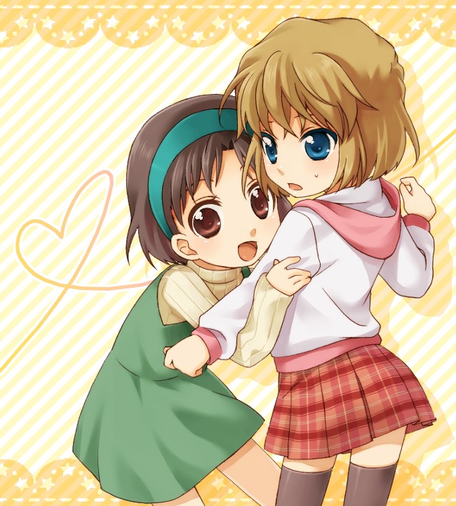 blonde_hair blue_eyes brown_eyes brown_hair dress haibara_ai hairband hood hoodie meitantei_conan miniskirt multiple_girls plaid plaid_skirt pleated_skirt sensaki_chihiro skirt thighhighs yoshida_ayumi zettai_ryouiki