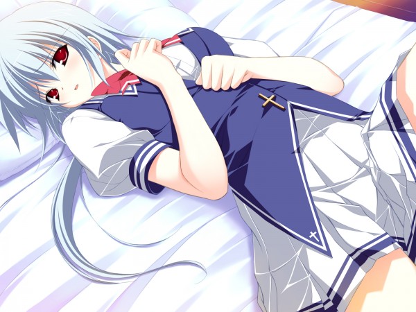 artist_request game_cg kuu_(lyrical_lyric) lyrical_ds lyrical_lyric red_eyes school_uniform silver_hair solo