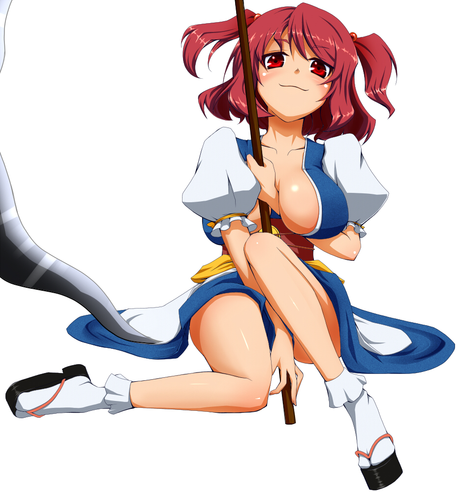 breasts cleavage enomori hair_bobbles hair_ornament large_breasts onozuka_komachi red_eyes red_hair scythe short_hair smug solo thighs touhou two_side_up