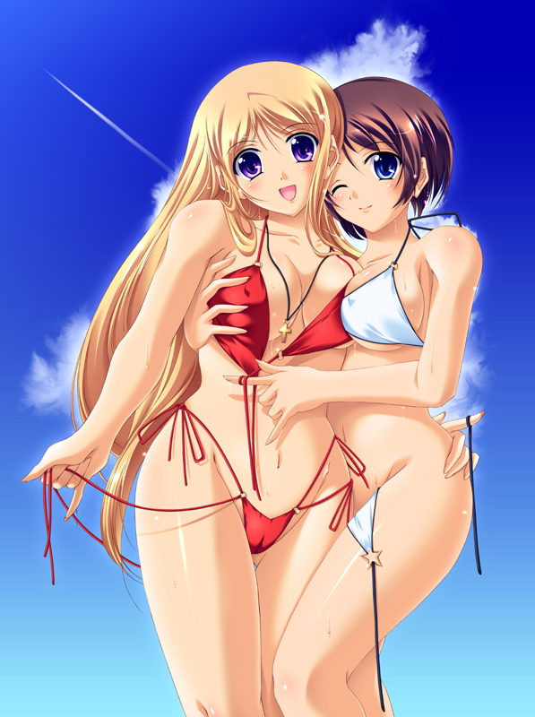 asanuma_katsuaki bikini blonde_hair blue_eyes blush breast_grab breast_press breasts brown_hair cloud cross day grabbing large_breasts long_hair multiple_girls navel one_eye_closed open_mouth original purple_eyes short_hair side-tie_bikini sky smile swimsuit yuri