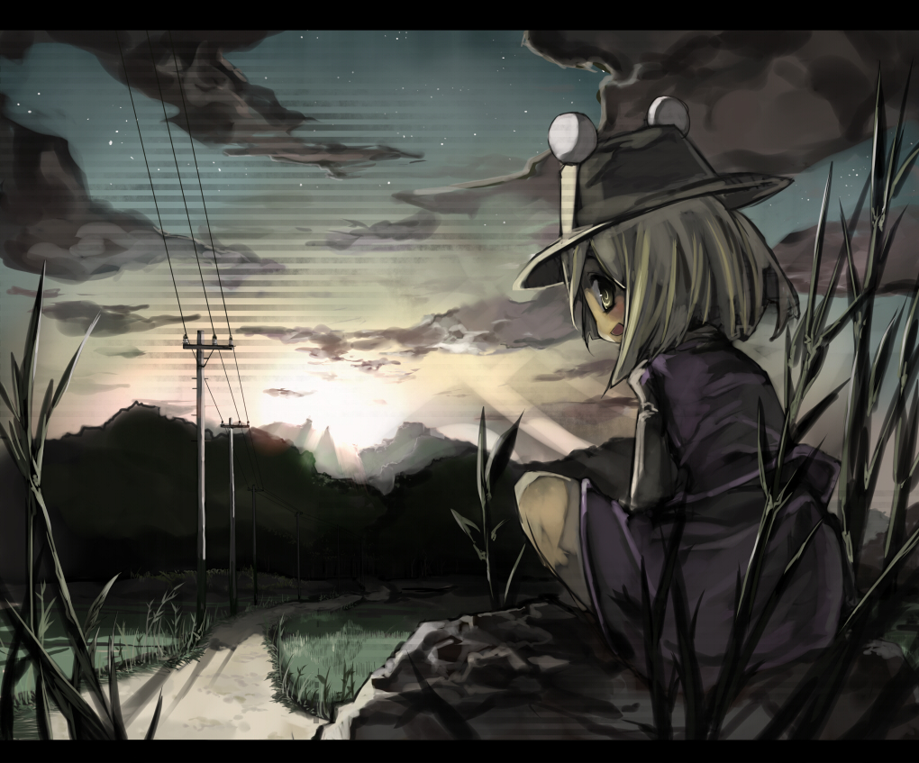 :d bad_id bad_pixiv_id blonde_hair cloud grass green_eyes hat landscape letterboxed moriya_suwako mountain open_mouth ph. power_lines road sideways_mouth sky smile solo star_(sky) starry_sky sunset telephone_pole touhou