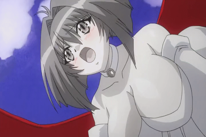 1girl animated animated_gif bare_shoulders blush bouncing_breasts breasts choker cleavage cloud collarbone crying dress elbow_gloves fangs female gloves hair_intakes hanging_breasts karin large_breasts maaka_karin neck necklace open_mouth red_wings shaking_head short_hair sky solo strapless strapless_dress talking tears vampire wings