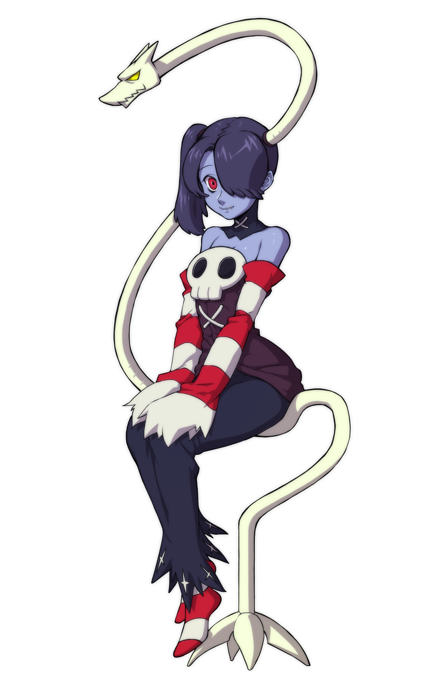 1girl bare_shoulders blue_skin detached_collar detached_sleeves ganno hair_over_one_eye leviathan_(skullgirls) red_eyes side_ponytail sitting skullgirls squigly_(skullgirls) stitched_mouth stitches striped_legwear striped_sleeves thighhighs zombie zombie_girl