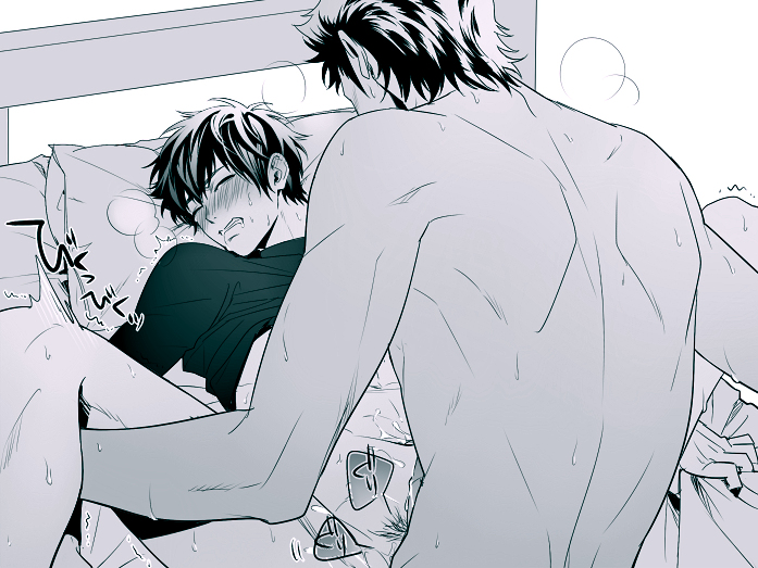 2boys abs ace_of_diamond bed blush cum drooling kuramochi_youichi male_focus mocchiri_oyaji monochrome multiple_boys muscle nude pecs penis saliva sawamura_eijun short_hair testicles undressing wince yaoi