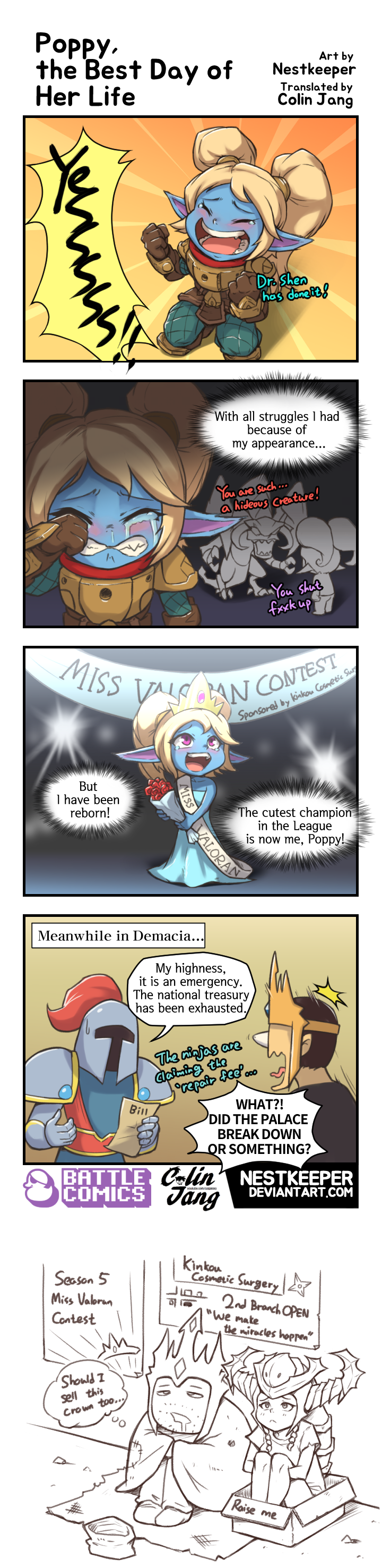 absurdres armor blue_skin bouquet box cho'gath comic commentary dress engrish evening_gown flower helmet highres jarvan_lightshield_iv league_of_legends long_hair long_image multiple_boys multiple_girls nestkeeper pointy_ears poppy poverty ranguage rose shyvana tall_image tears tiara twintails weapon white_hair yordle