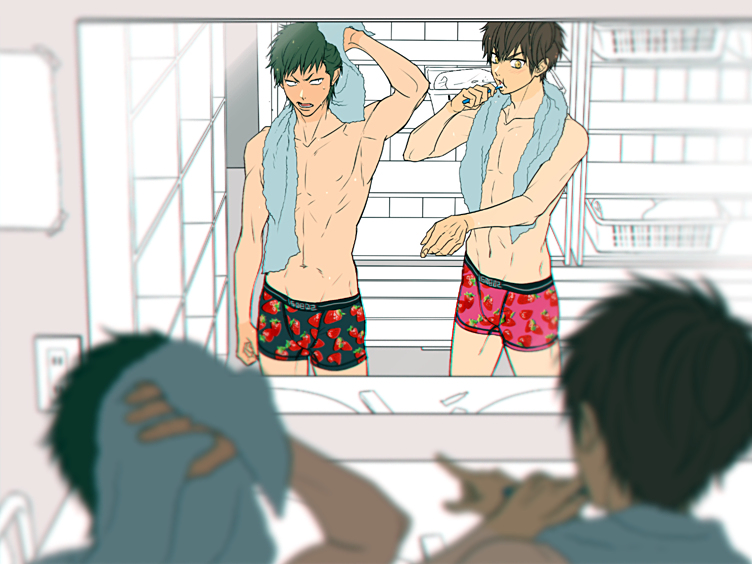 2boys abs ace_of_diamond barefoot bathroom blush brown_hair food green_hair kuramochi_youichi male_focus mirror mocchiri_oyaji multiple_boys muscle sawamura_eijun short_hair strawberry sweat tan tanline topless towel underwear undressing wince yaoi yellow_eyes