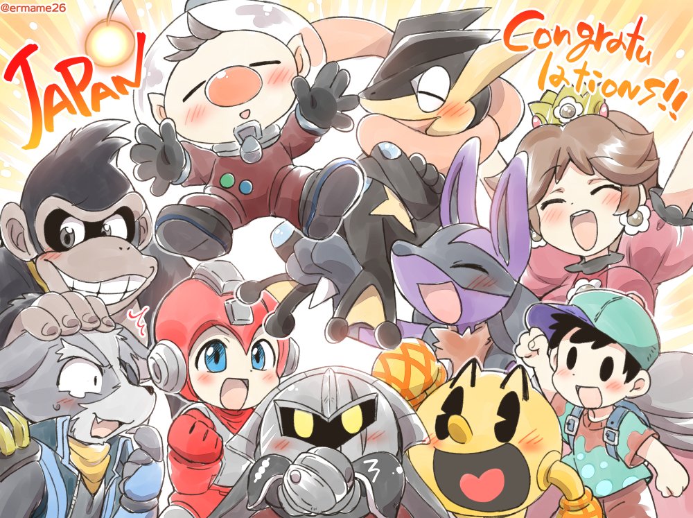 1girl android animal ape baseball_cap black_hair blush brown_hair capcom creatures_(company) crown donkey_kong donkey_kong_(series) dress earrings eromame flipped_hair flower_earrings galaxia_(sword) game_freak gen_4_pokemon gen_6_pokemon greninja hat jewelry kirby_(series) long_hair looking_at_viewer lucario mario_(series) mask meta_knight mother_(game) mother_2 multiple_boys multiple_girls namco ness nintendo olimar open_mouth pac-man pac-man_(game) pikmin_(series) pokemon pokemon_(creature) pokemon_(game) pokemon_xy princess_daisy red_eyes rockman rockman_(character) rockman_(classic) scarf short_hair simple_background smile star_fox super_mario_bros. super_smash_bros. super_smash_bros._ultimate tongue tongue_out wolf_o'donnell yellow_dress