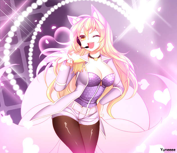 1girl ;d ahri alternate_costume alternate_hair_color animal_ears artist_name belt blink blonde_hair breasts cleavage epaulettes female fox_ears fox_tail hand_on_hip happy head_tilt heart highres jacket jewelry large_breasts league_of_legends long_hair long_sleeves looking_at_viewer microphone multiple_tails neck necklace one_eye_closed open_mouth pantyhose popstar_ahri pose short_shorts shorts singing single_epaulette slit_pupils smile solo sparkle standing strapless tail wink yellow_eyes yuneeee zipper