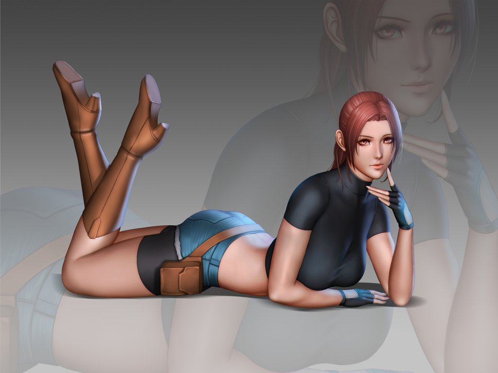 1girl ass audia_pahlevi bike_shorts claire_redfield crop_top denim denim_shorts fingerless_gloves gloves legs_up looking_at_viewer lying on_stomach red_hair resident_evil shorts solo