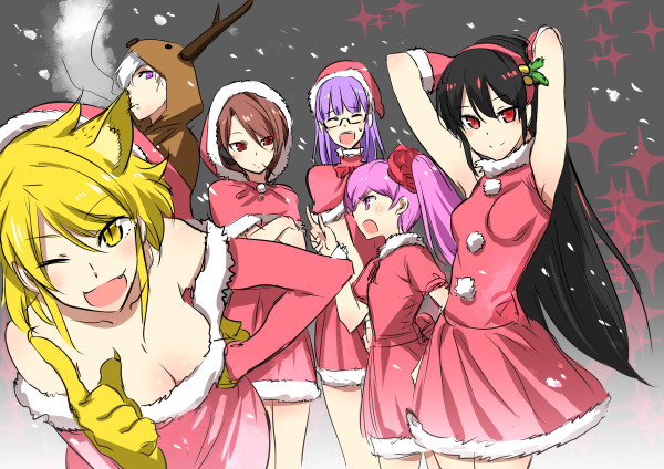 ;d akame akame_ga_kill! animal_costume armpits arms_up bare_shoulders black_hair blonde_hair breasts brown_hair chelsea_(akame_ga_kill!) christmas closed_eyes elbow_gloves eyebrows_visible_through_hair fang fur-trimmed_gloves fur_trim glasses gloves gradient gradient_background grey_hair hand_on_hip hood hood_up large_breasts leaning_forward leone looking_at_another looking_at_viewer medium_breasts mine_(akame_ga_kill!) multiple_girls najenda_(akame_ga_kill!) one_eye_closed open_mouth pink_hair purple_hair red_eyes reindeer_costume santa_costume sheele short_hair sleeveless smile snowflakes snowing source_request tashiro_tetsuya yellow_eyes