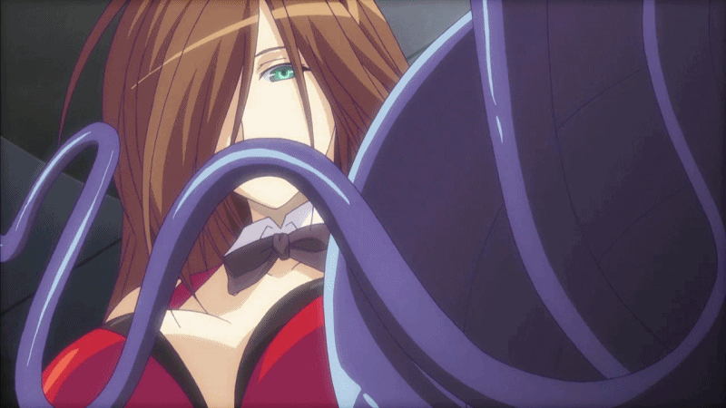 1girl animated animated_gif bouncing_breasts bow breasts brown_hair female funikura green_eyes nyx open_mouth queen's_blade queen's_blade tentacle