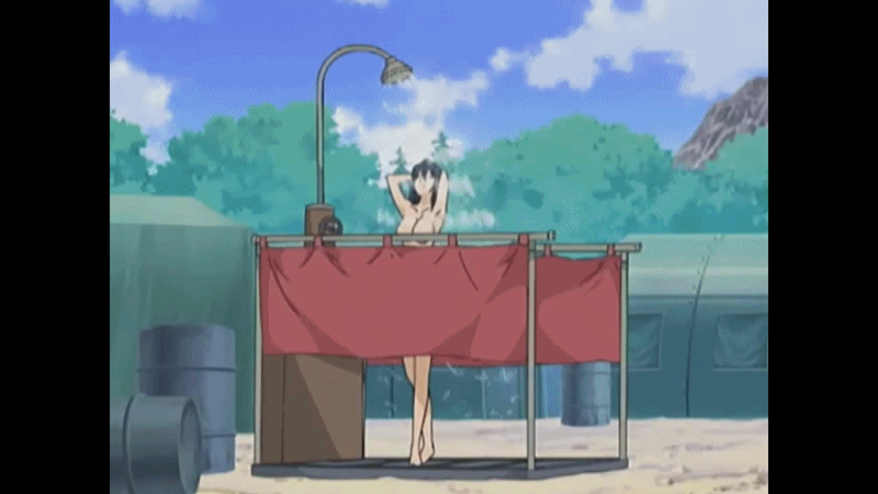 1girl animated animated_gif breasts cartains convenient_censoring curtain dark_hair female ferumi large_breasts nude shower solo standing water zoids zoids_genesis
